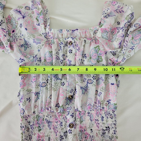 No Boundaries Juniors Blouse Size 1 Top White Floral‎ Long Sleeve Square Neck - Picture 5 of 11